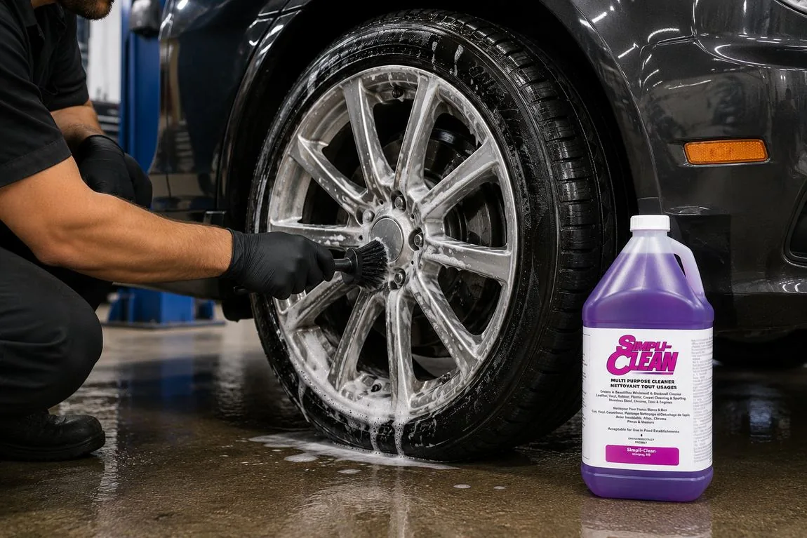 Tire and wheel being cleaned in an auto shop