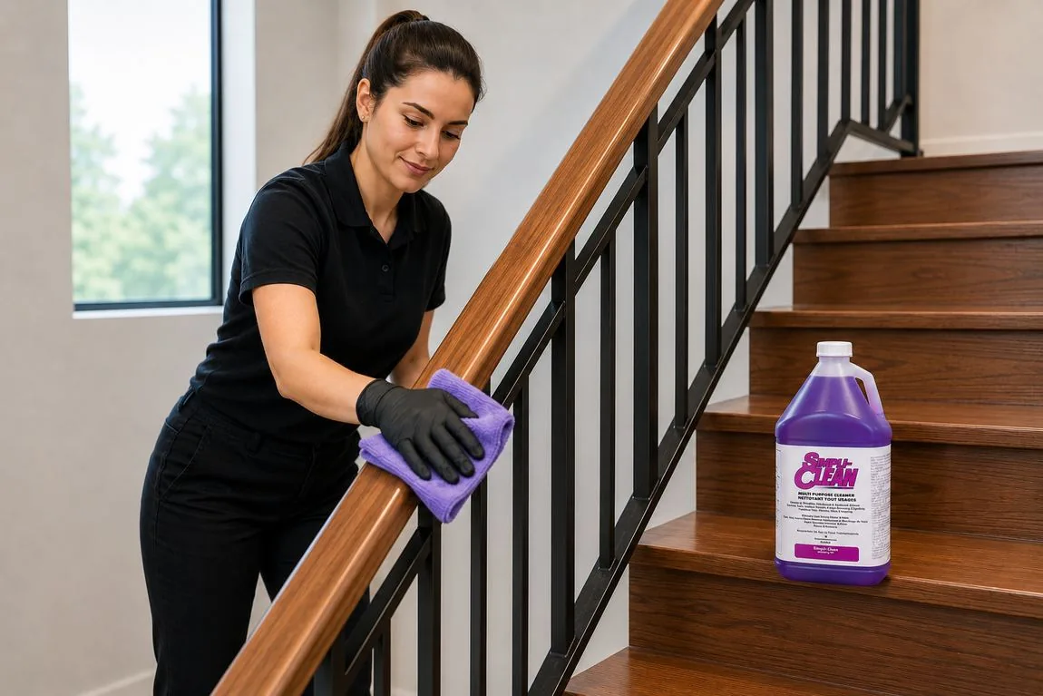 Wooden stair handrail being wiped