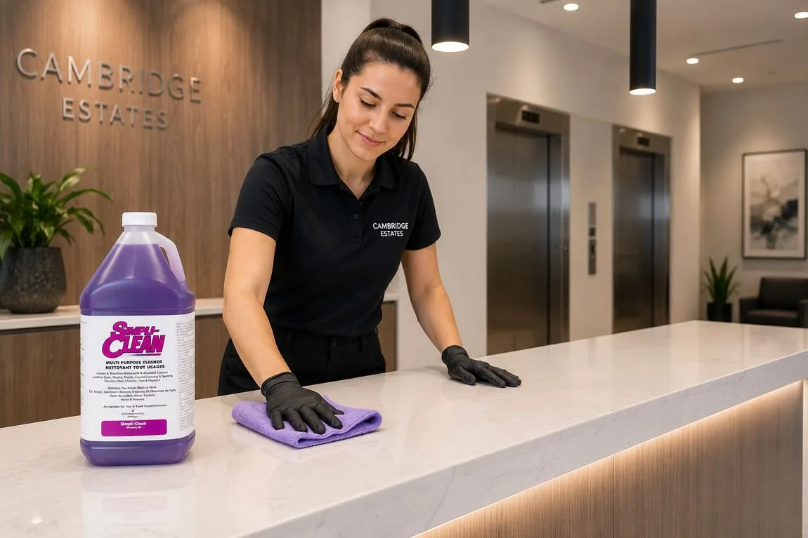 Staff member cleaning a lobby reception counter