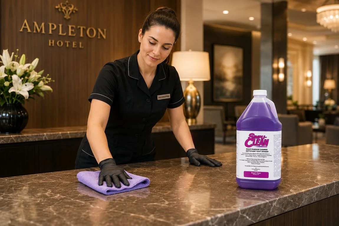 Housekeeper cleaning a hotel front desk