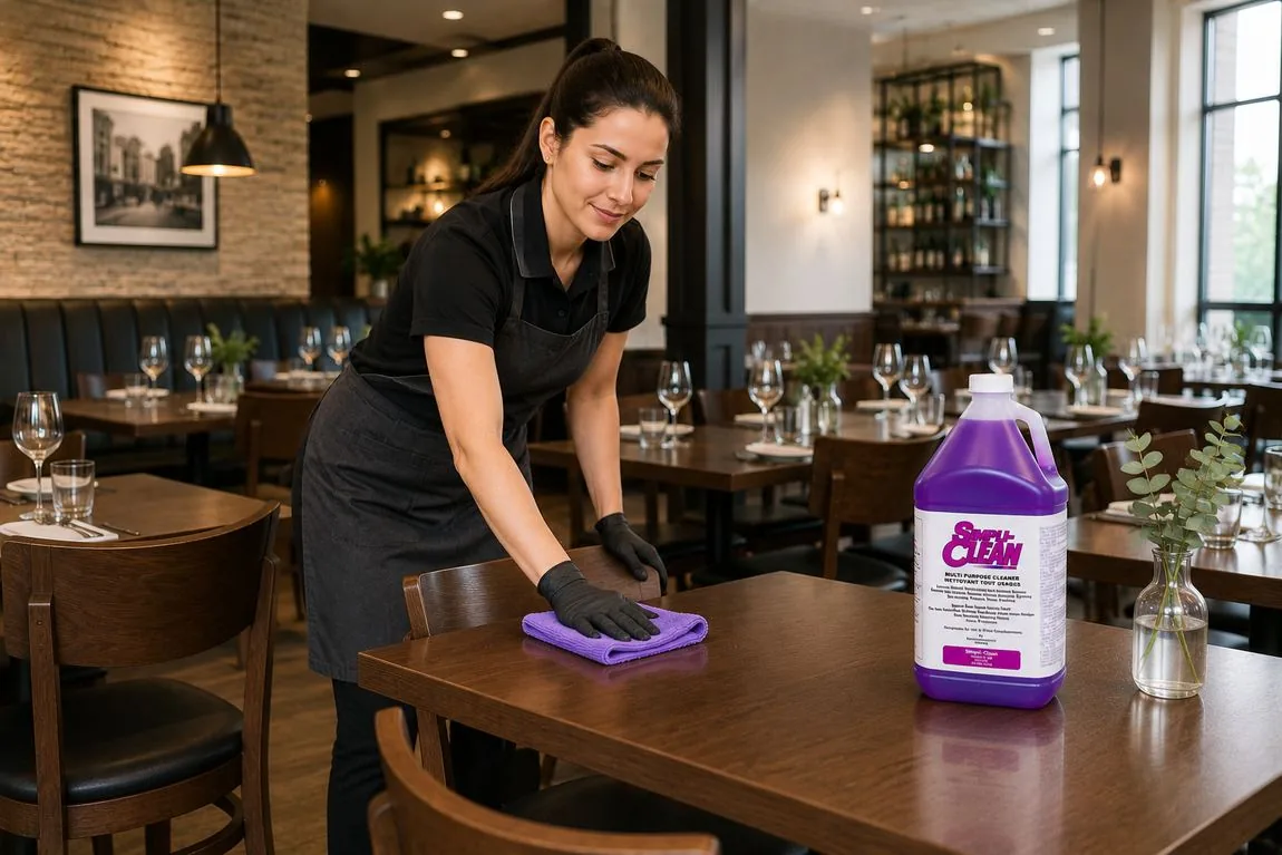 Dining tables and chairs being wiped in a restaurant