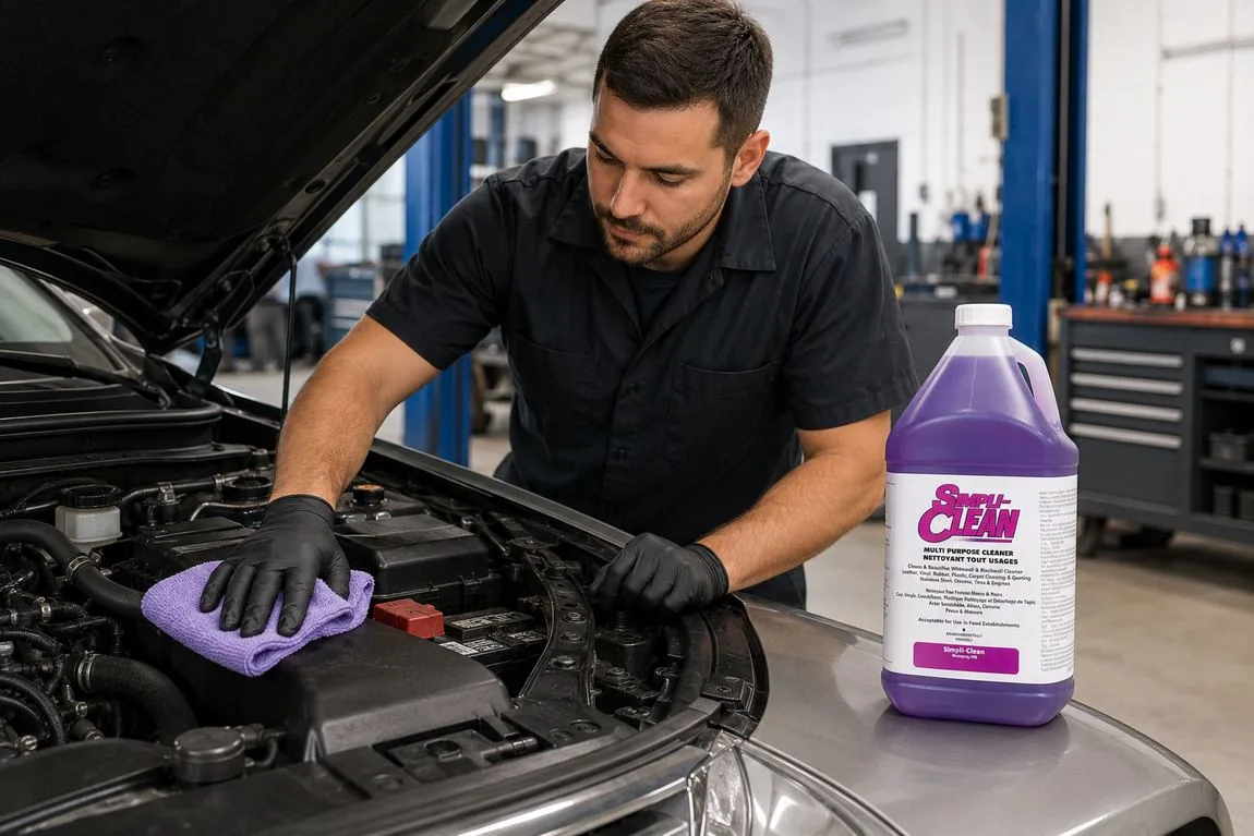 Technician cleaning a car engine bay
