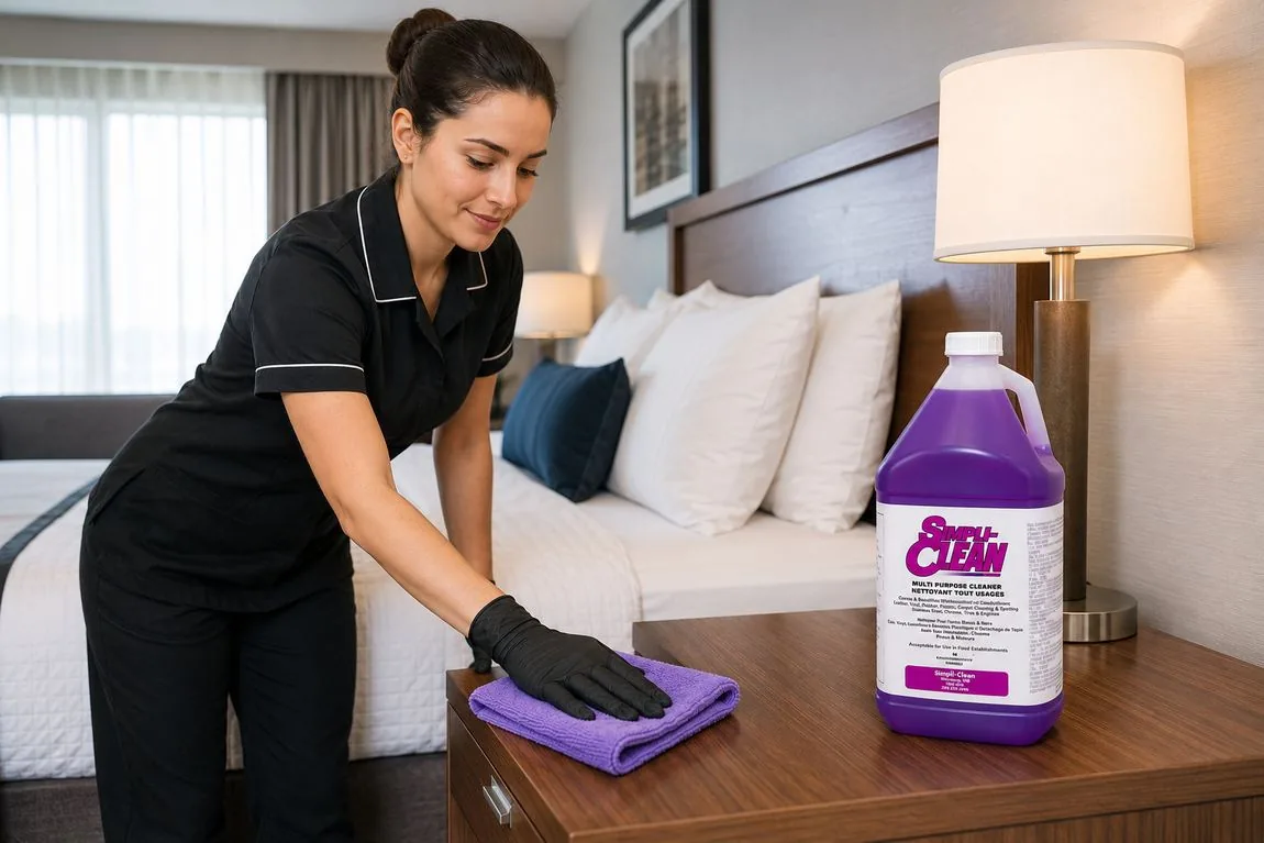 Hotel guest room nightstand being cleaned