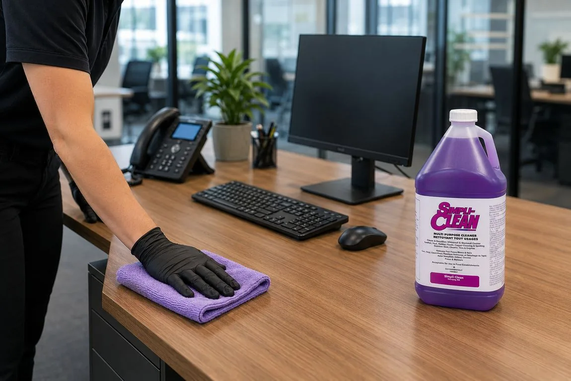 Office desk surface being wiped
