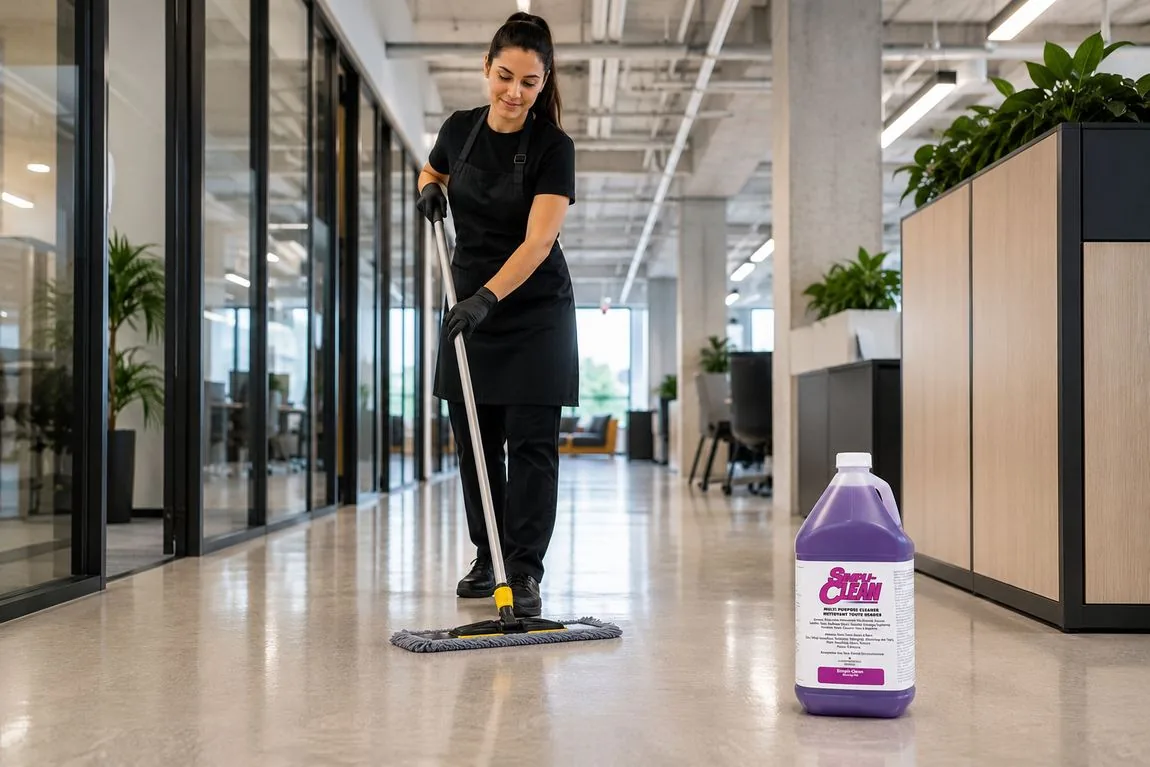 Cleaner mopping a vinyl floor in an office building