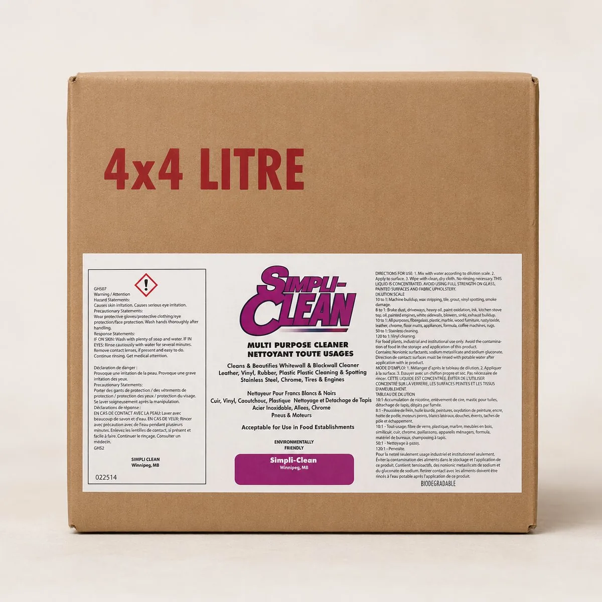 A SimpliClean shipping case labelled 4 by 4 litre